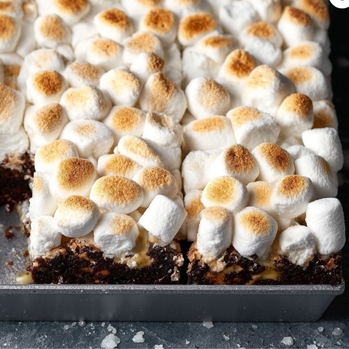 Easy Marshmallow Swirl Brownies Recipe 11 A baking pan filled with toasted marshmallows on top of fudgy brownies, showcasing a gooey, caramelized texture.