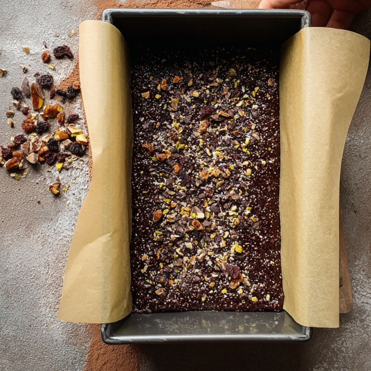 Healthy No Bake Superfood Brownies 11 Pressing raw superfood brownie mixture into a baking pan, ready to set and become a wholesome treat.