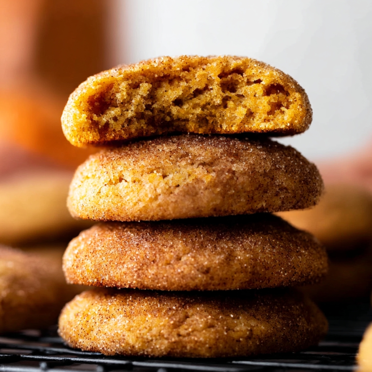 Chewy Pumpkin Snickerdoodles Recipe 9 Soft and chewy Pumpkin Snickerdoodles cookies, coated in cinnamon-sugar, with a bite taken out to reveal their fluffy, spiced interior.