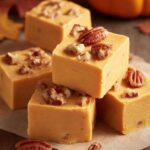 Delicious Pumpkin Spice Fudge cubes, topped with crunchy pecans, offering a rich fall-inspired treat.