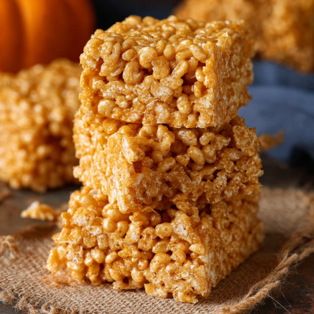 Pumpkin Spice Rice Krispies Recipe 9 A stack of perfectly cut Pumpkin Spice Rice Krispies, showcasing their golden color and crispy texture, set against a warm fall background.