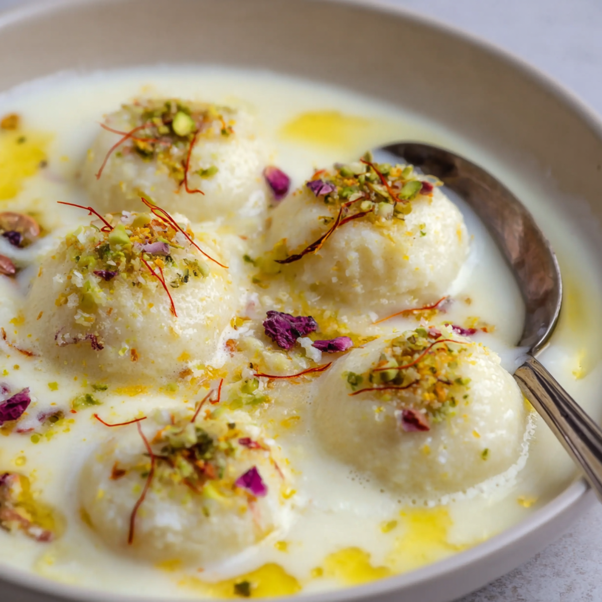 Rasmalai Recipe soaking in a rich, creamy milk syrup with pistachios and saffron threads sprinkled on top for flavor and color.