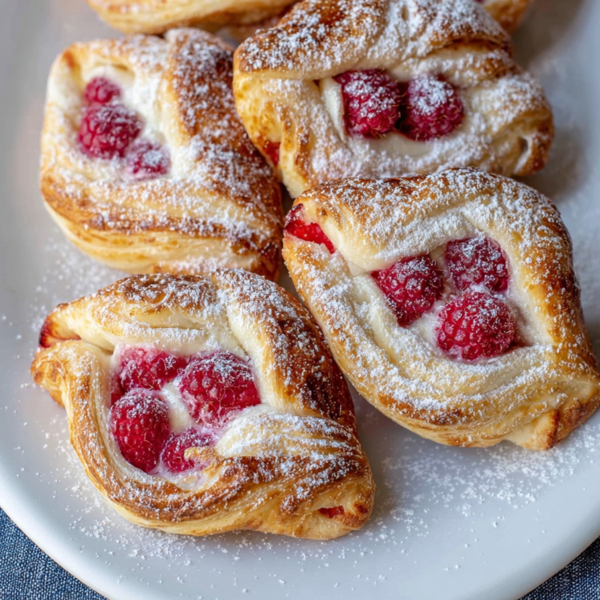 Golden, flaky Raspberry Danish pastries with a rich cream cheese filling, dusted with powdered sugar. The pastries are perfectly baked with raspberries peeking through the dough.