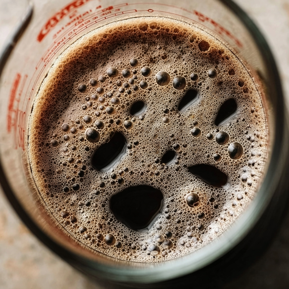 Moist Guinness Chocolate Cake Recipe 10 Close-up of dark, foamy Guinness beer in a glass measuring cup, with bubbles forming an abstract pattern on the surface.
