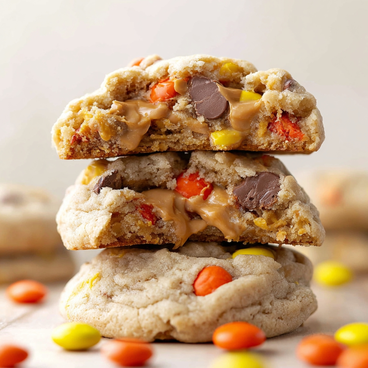 Reese's Pieces Cookies Recipe 9 A stack of gooey Reese's Pieces Cookies, with vibrant orange and yellow candy pieces visible throughout the soft, golden-brown cookies, and a creamy peanut butter center oozing from inside.