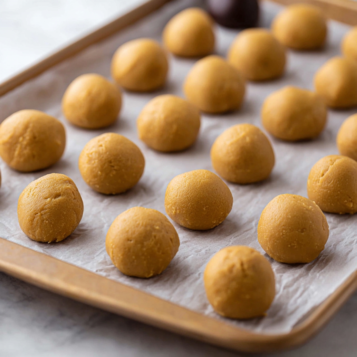 Easy Homemade Buckeyes Recipe 11 A baking sheet lined with parchment paper filled with peanut butter balls, before being dipped in chocolate.