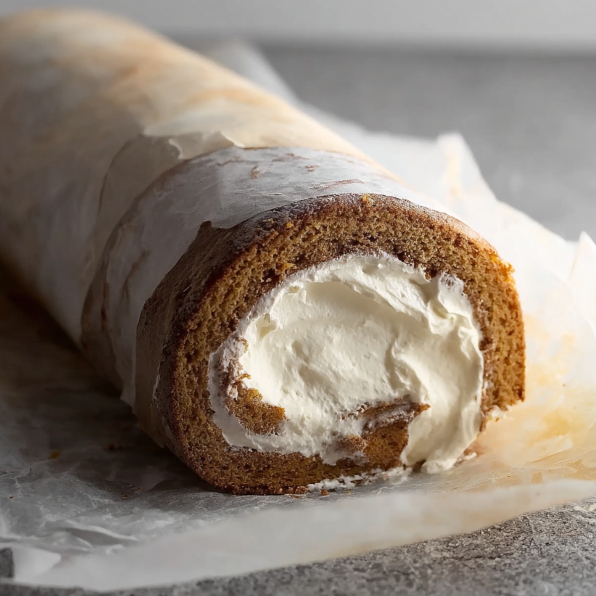 Easy Coffee Swiss Roll Recipe 11 Coffee Swiss roll with cream filling, freshly sliced on parchment paper.