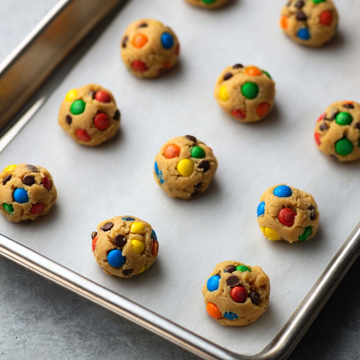 Soft Peanut Butter M&M Cookies Recipe 11 Raw peanut butter M&M cookie dough balls arranged on a baking sheet, ready to be baked into colorful, chewy cookies.