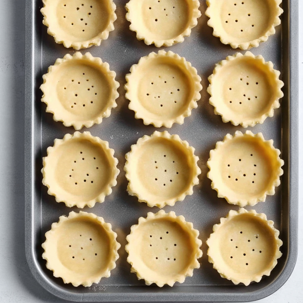 The Best Chocolate Tartlets Recipe 10 Pre-baked tartlet shells on a baking sheet, with small holes pricked in the base, ready to be filled.