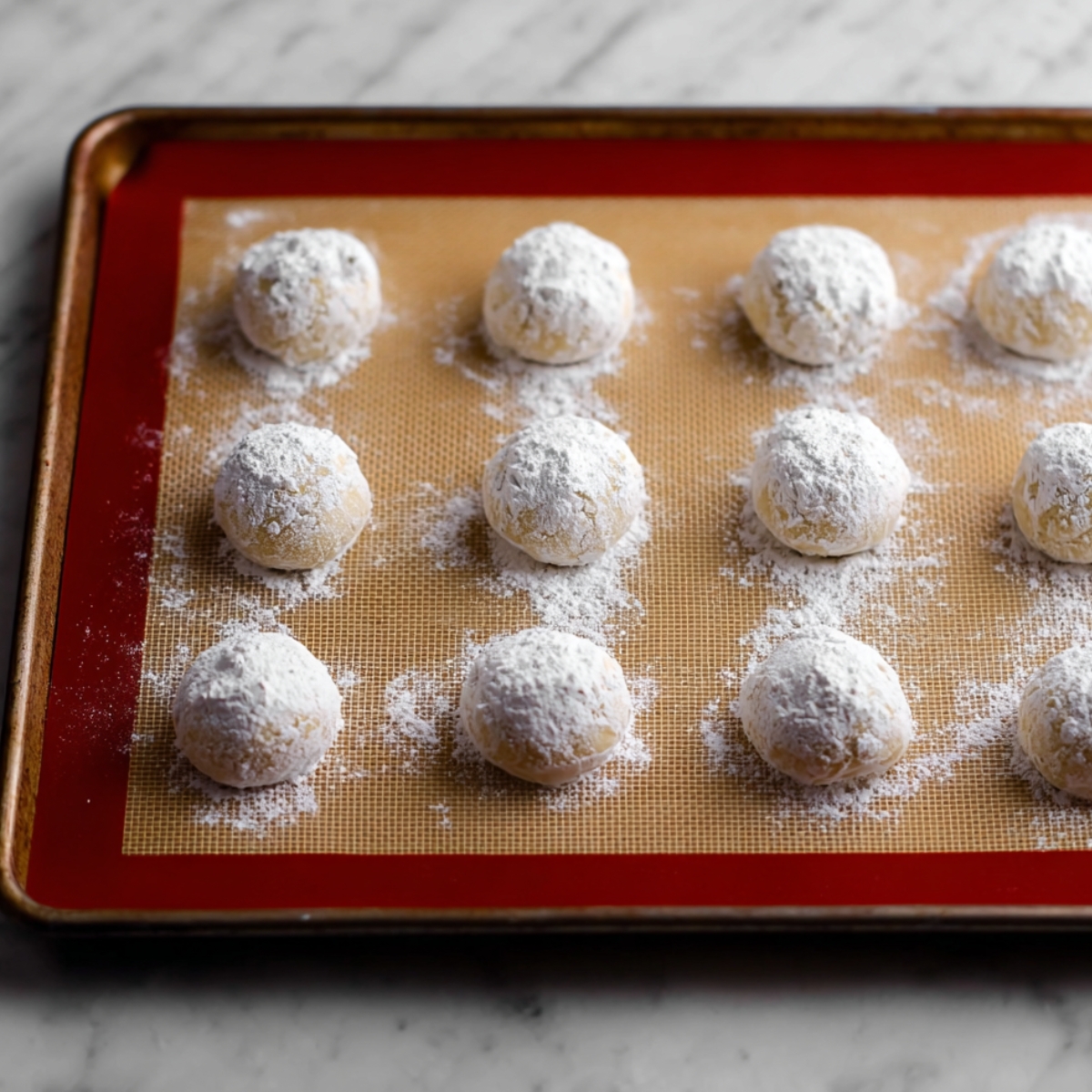 Easy Lemon Crinkle Cookies Recipe 11 Lemon cookie dough balls coated in powdered sugar, placed neatly on a baking sheet lined with a silicone mat, ready to be baked into soft, crinkled cookies.