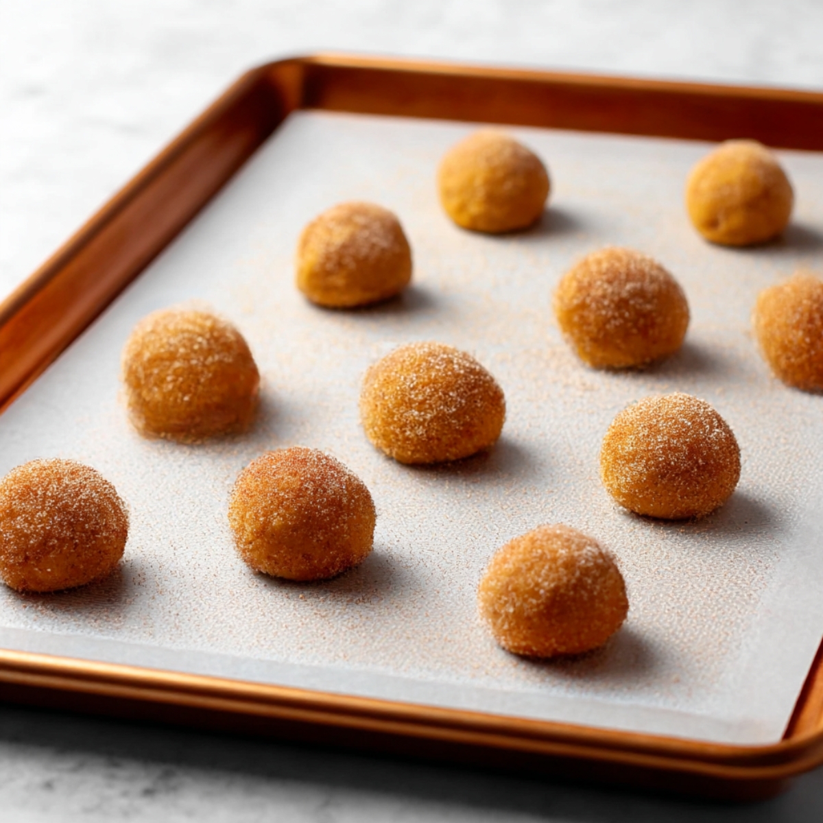 Chewy Pumpkin Snickerdoodles Recipe 11 Pumpkin snickerdoodle cookie dough balls rolled in cinnamon-sugar, ready to be baked into golden, spiced cookies.