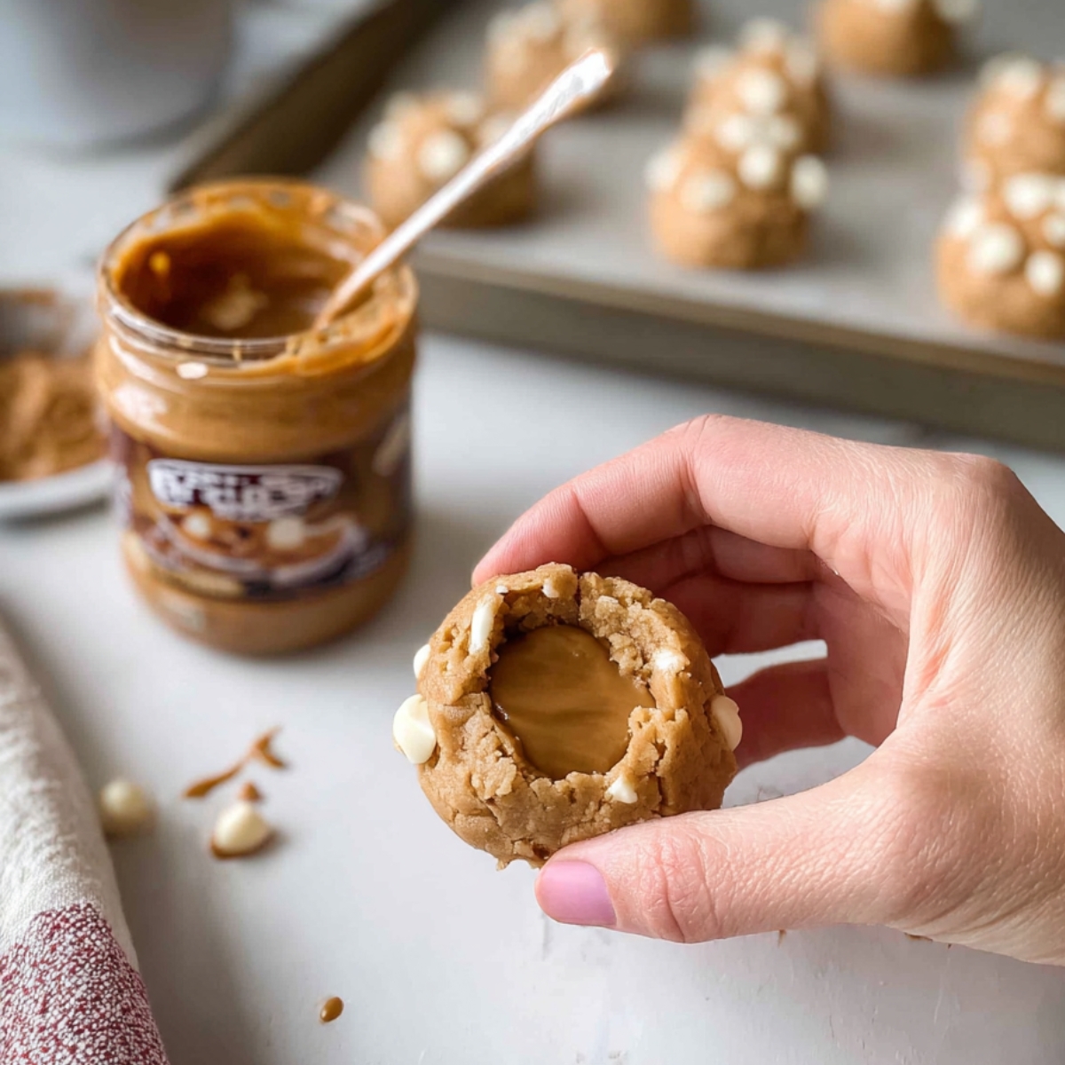 Chewy Biscoff Lava Cookies Recipe 11 Hand holding a Biscoff lava cookie with gooey caramel filling.