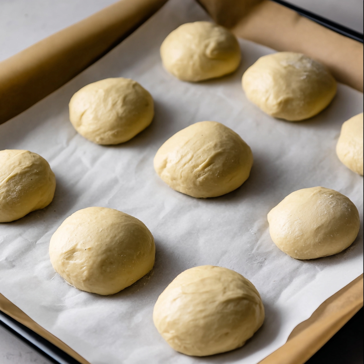 Homemade Bavarian Cream Donuts 11 A tray of donut dough rounds, shaped and ready for frying, resting on parchment paper.