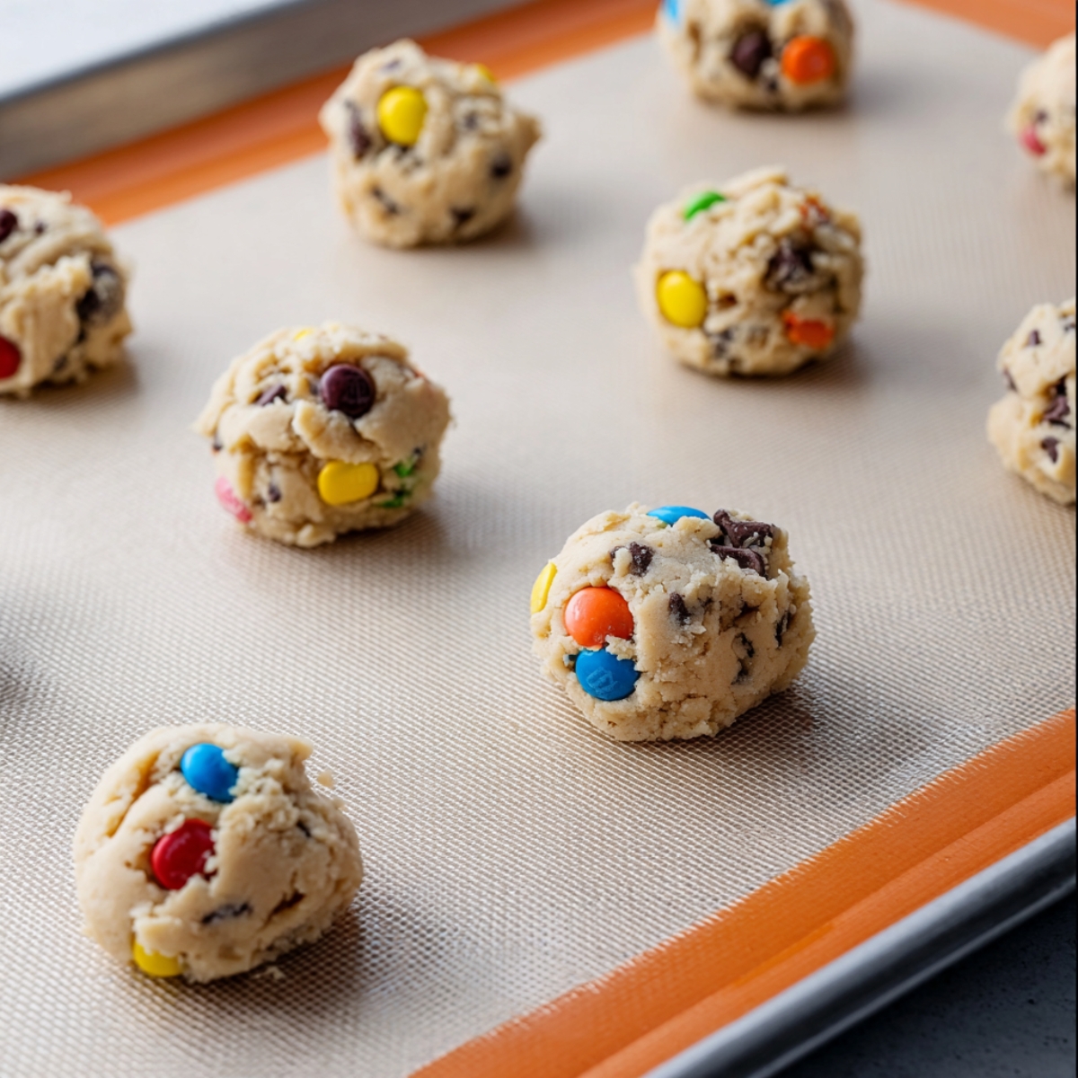 Reese's Pieces Cookies Recipe 12 Cookie dough scoops on a baking sheet, ready to be baked, with Reese’s Pieces and chocolate chips scattered throughout.