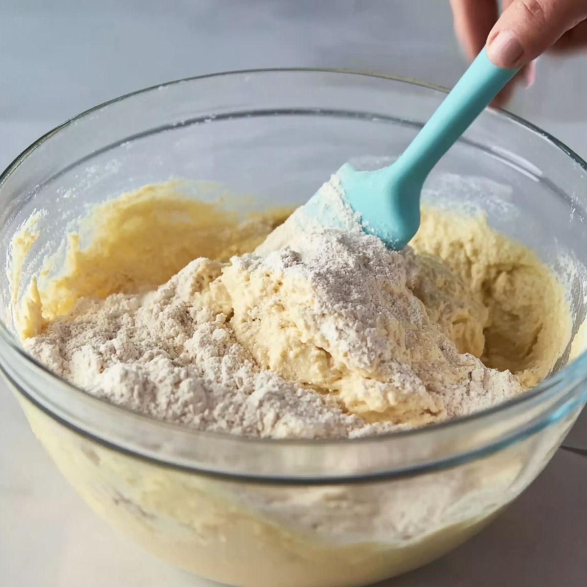 Easy Almond Pound Cake Recipe 11 A person gently folding in the dry flour ingredients into a mixing bowl containing cake batter with a blue spatula. The flour is just starting to combine with the batter, creating a smooth texture.