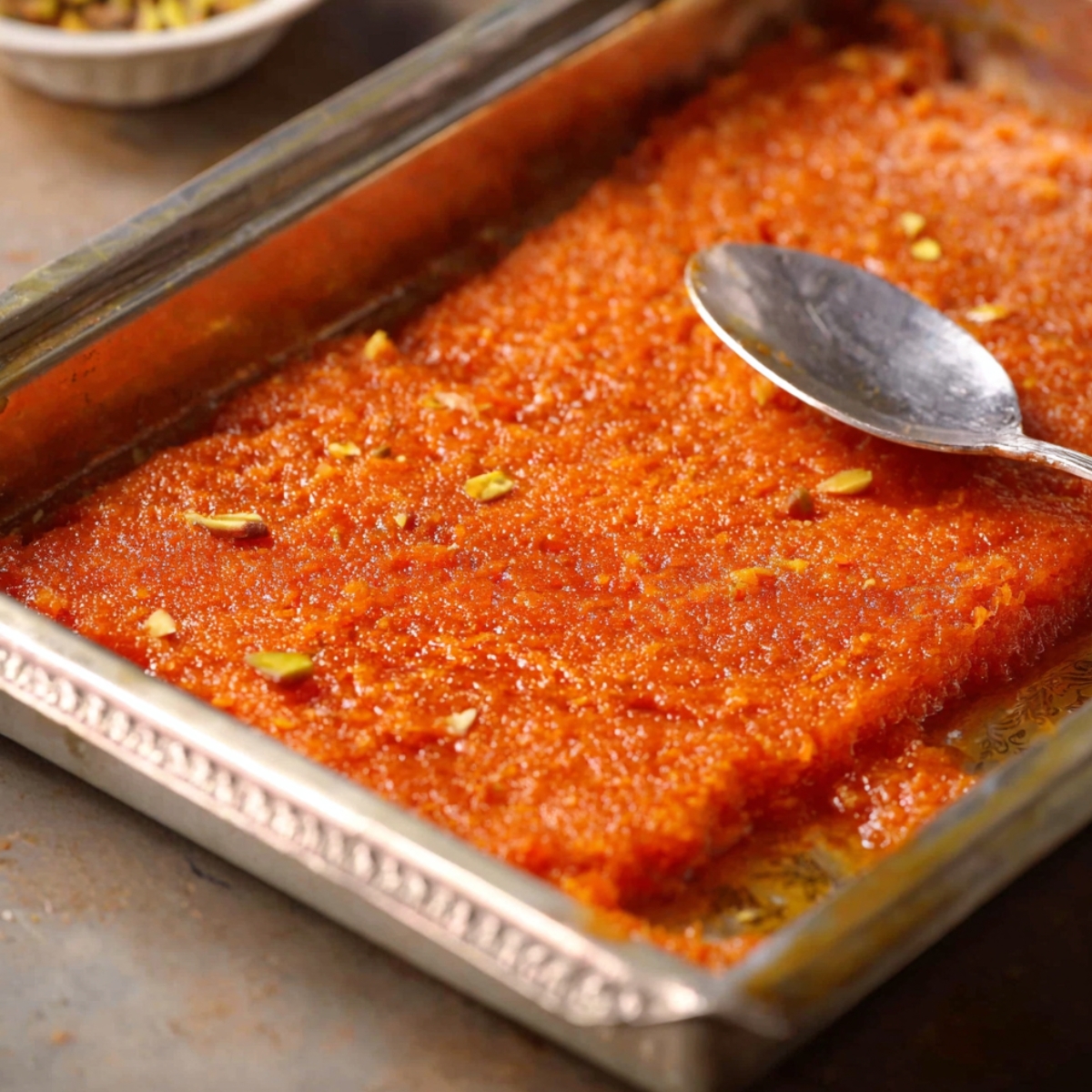 Carrot Burfi (Gajar Pak Recipe) 11 Carrot mixture spread evenly in a tray, ready to be set for carrot burfi.