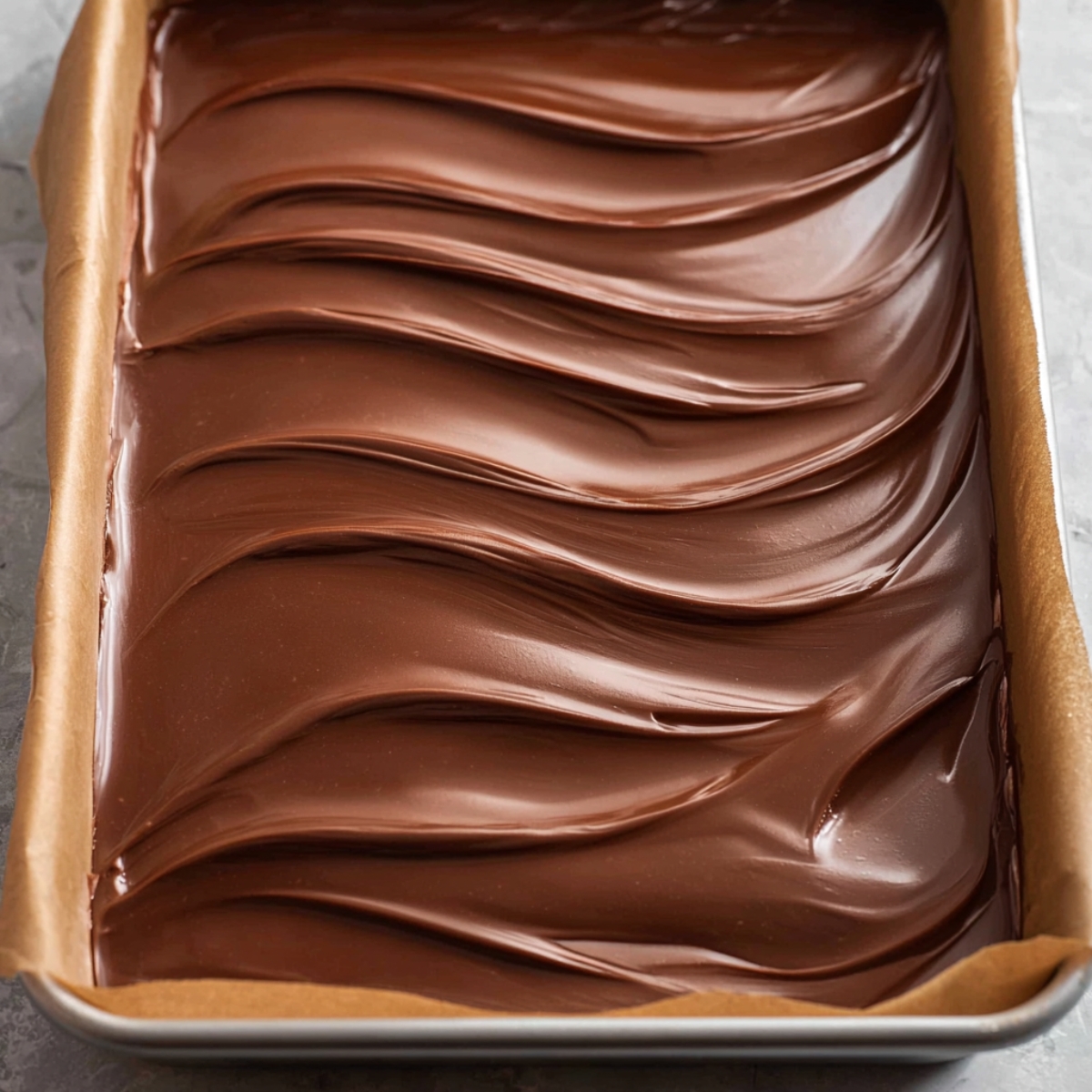 Caramel Apple Bark With Pretzels 10 A close-up shot of melted chocolate being spread evenly in a baking pan, creating a smooth, glossy surface. The chocolate is swirled in soft waves, preparing to set into a delicious bark.