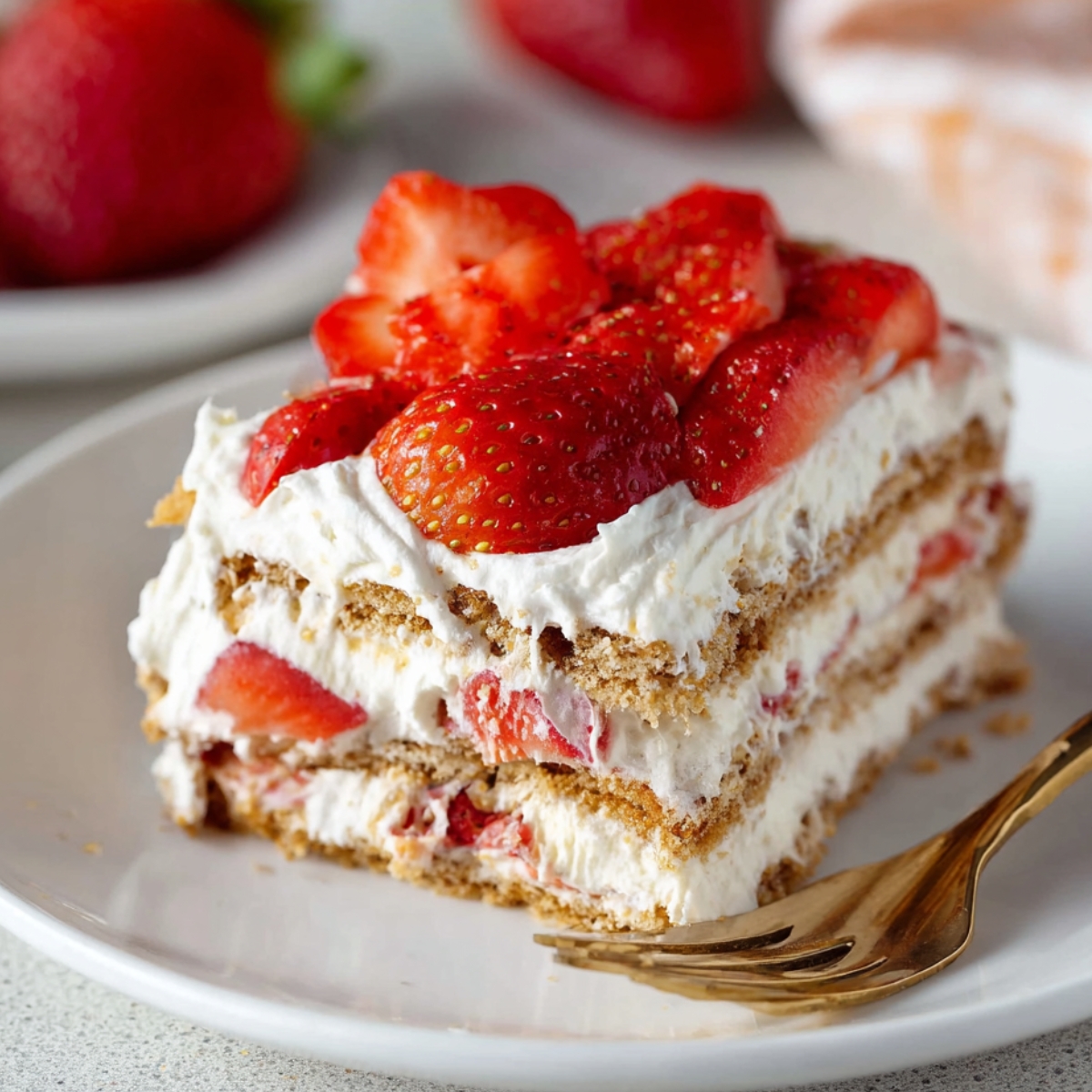 Easy Strawberry Icebox Cake Recipe 9 A close-up of a delicious Strawberry Icebox Cake, topped with fresh sliced strawberries and creamy layers.