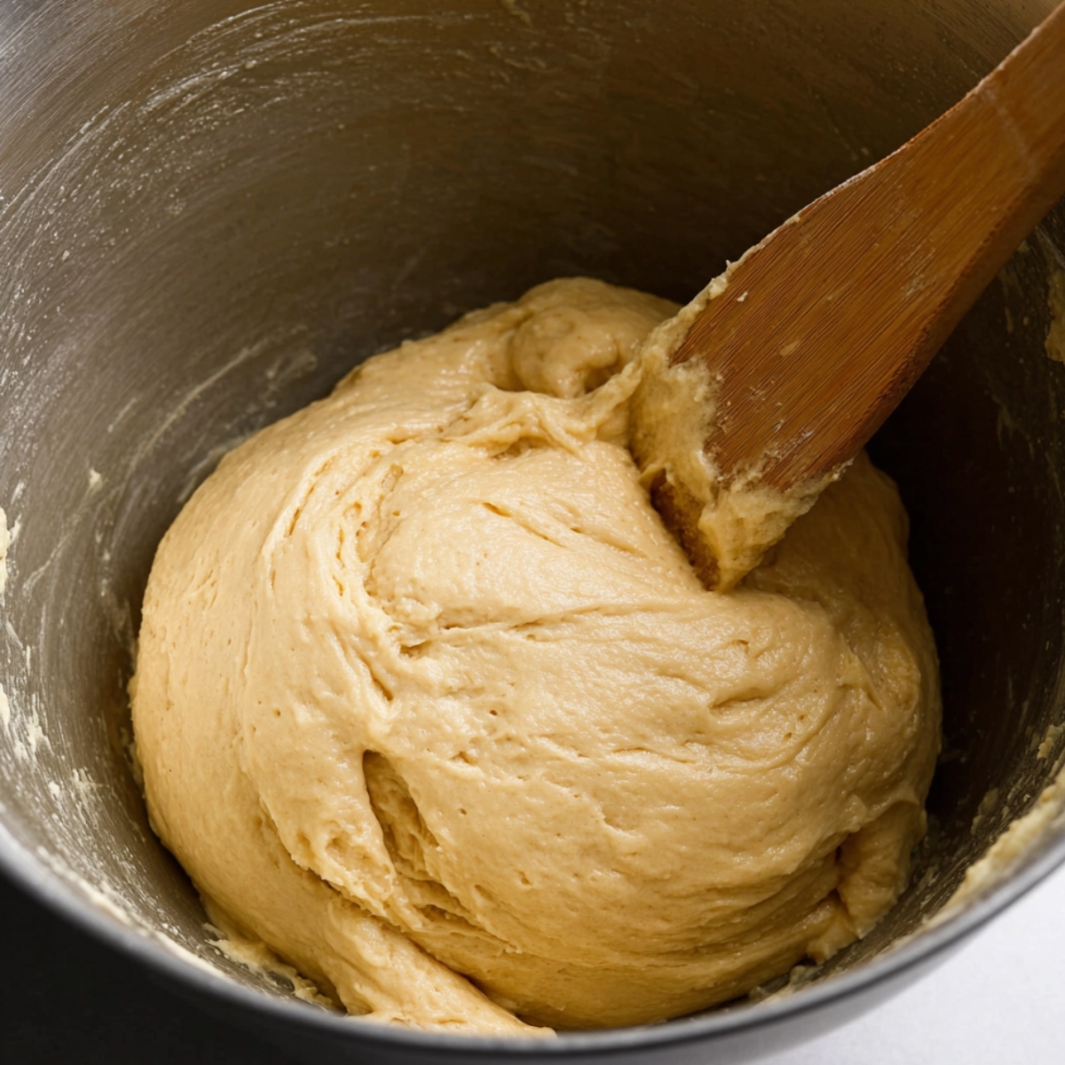 Homemade Bavarian Cream Donuts 10 A close-up shot of donut dough being tested with a finger, showing its soft and elastic texture before proofing.