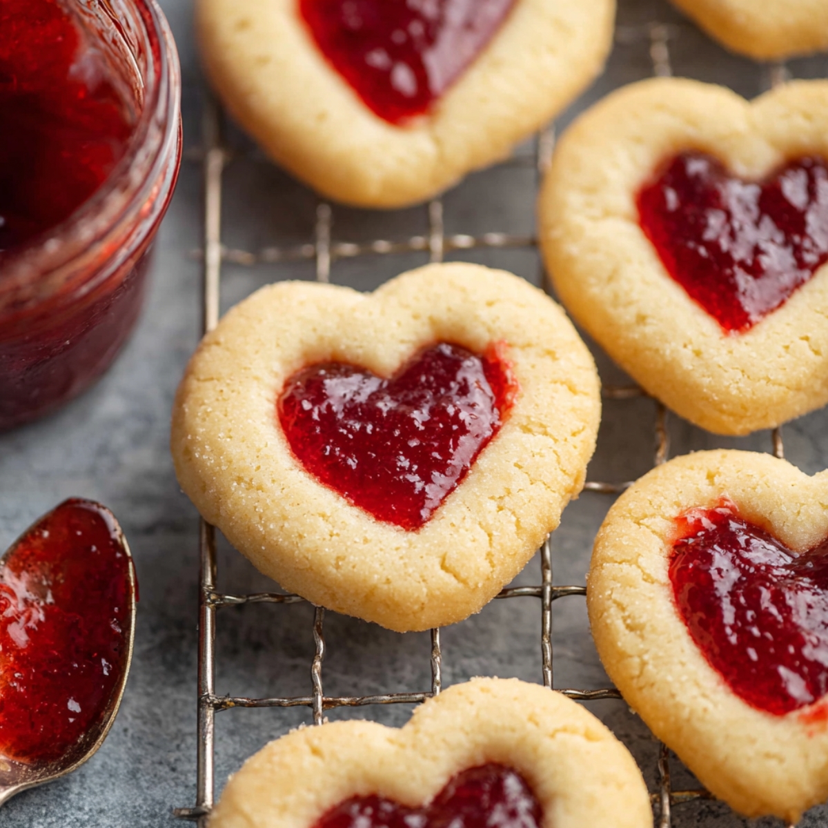 A close-up shot of Thumbprint Jam Cookies filled with strawberry jam on a cooling rack.