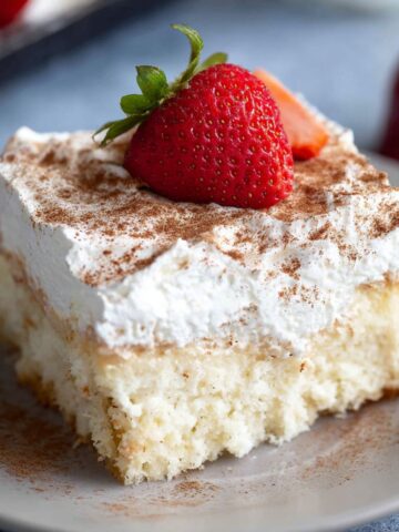 The Best Tres Leches Cake Recipe 2 A slice of Tres Leches Cake topped with whipped cream, a sprinkle of cinnamon, and a fresh strawberry garnish.