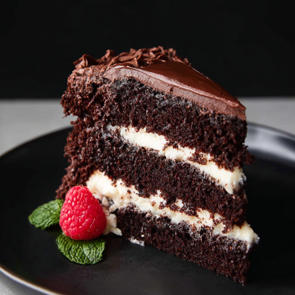 A decadent slice of Tuxedo Cake, showcasing layers of dark chocolate cake, creamy white filling, and rich chocolate frosting. The cake is garnished with a fresh raspberry and mint leaves.