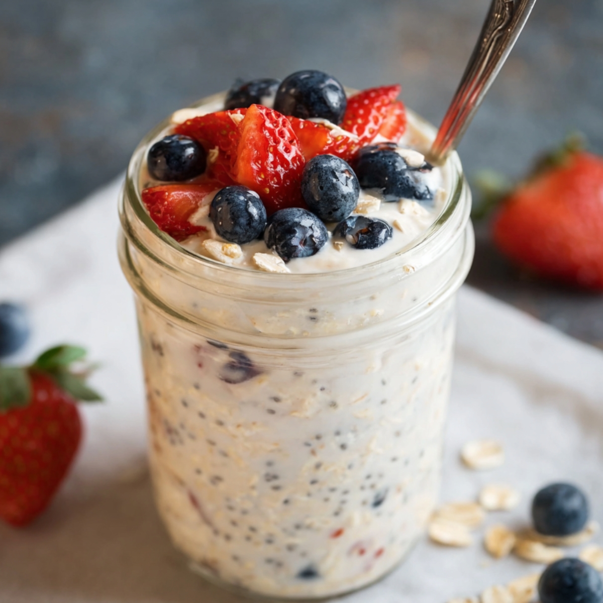 A jar of Vanilla Overnight Oats topped with fresh blueberries and strawberries, ready to be enjoyed as a nutritious and delicious breakfast.