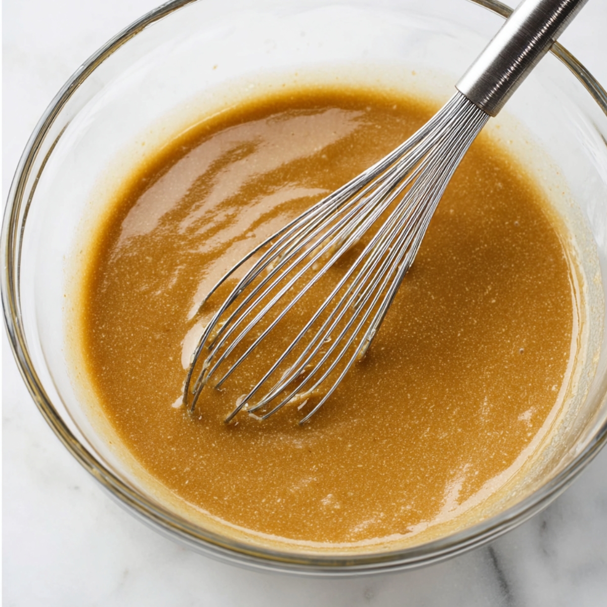 Best Guinness Chocolate Brownies Recipe 10 A glass mixing bowl with a dark brownie batter, showing a whisk being used to incorporate eggs into the mixture, creating a smooth and glossy texture.