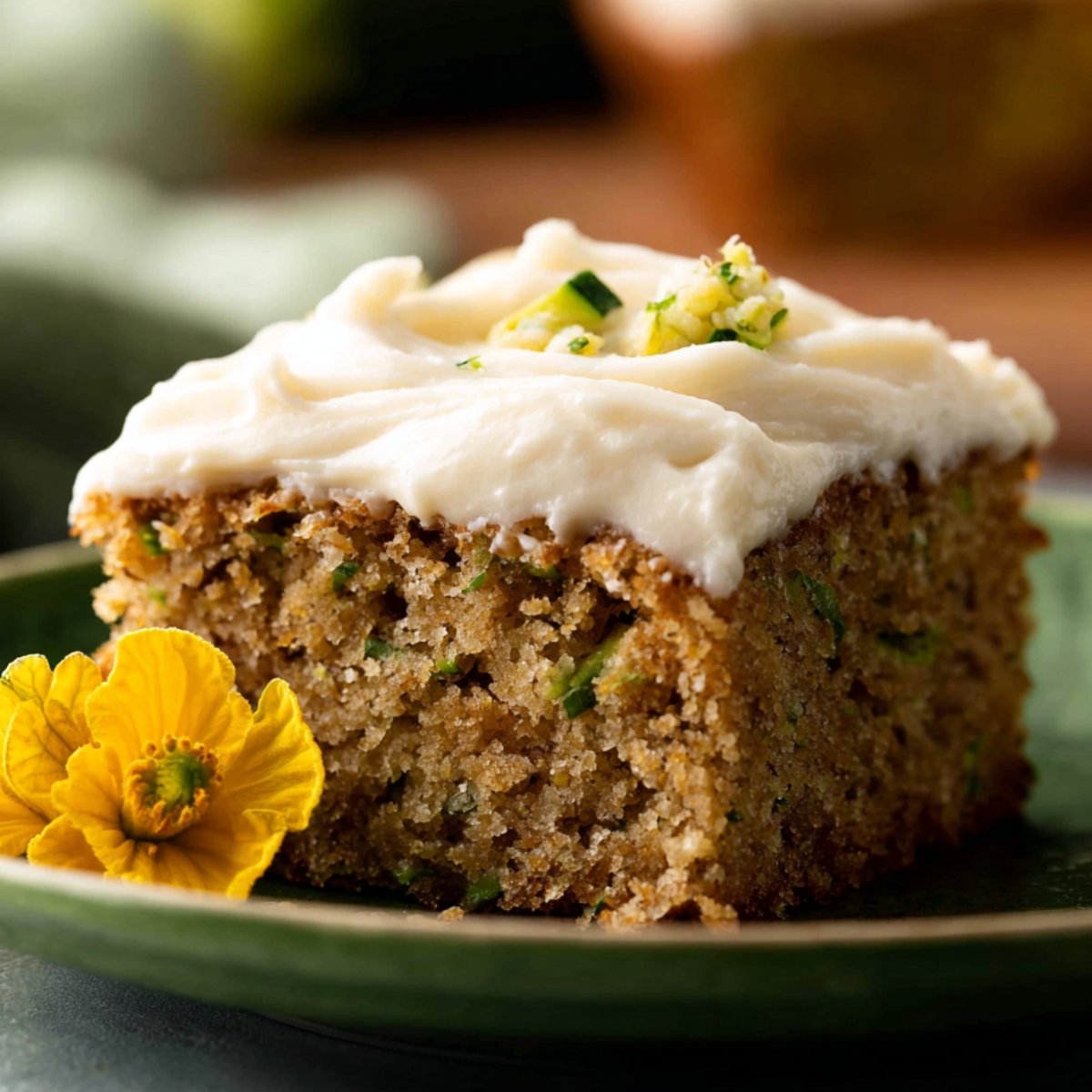 Healthy Zucchini Cake Recipe 9 A slice of freshly baked zucchini cake topped with a thick layer of cream cheese frosting, garnished with finely chopped zucchini and a bright yellow flower for a beautiful finishing touch.