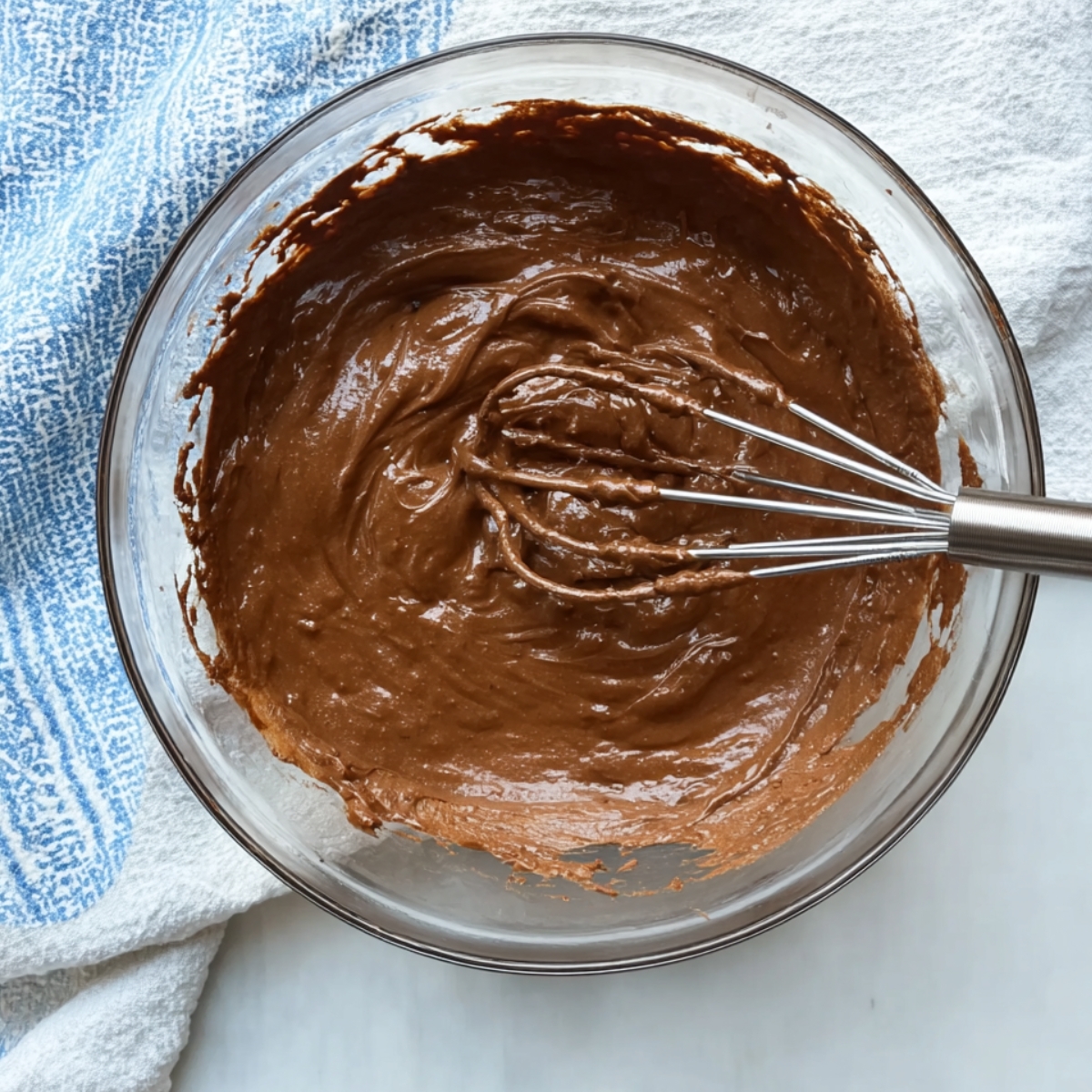 Old Fashioned Mounds Cake Recipe 10 Smooth chocolate cake batter in a glass bowl with a whisk.