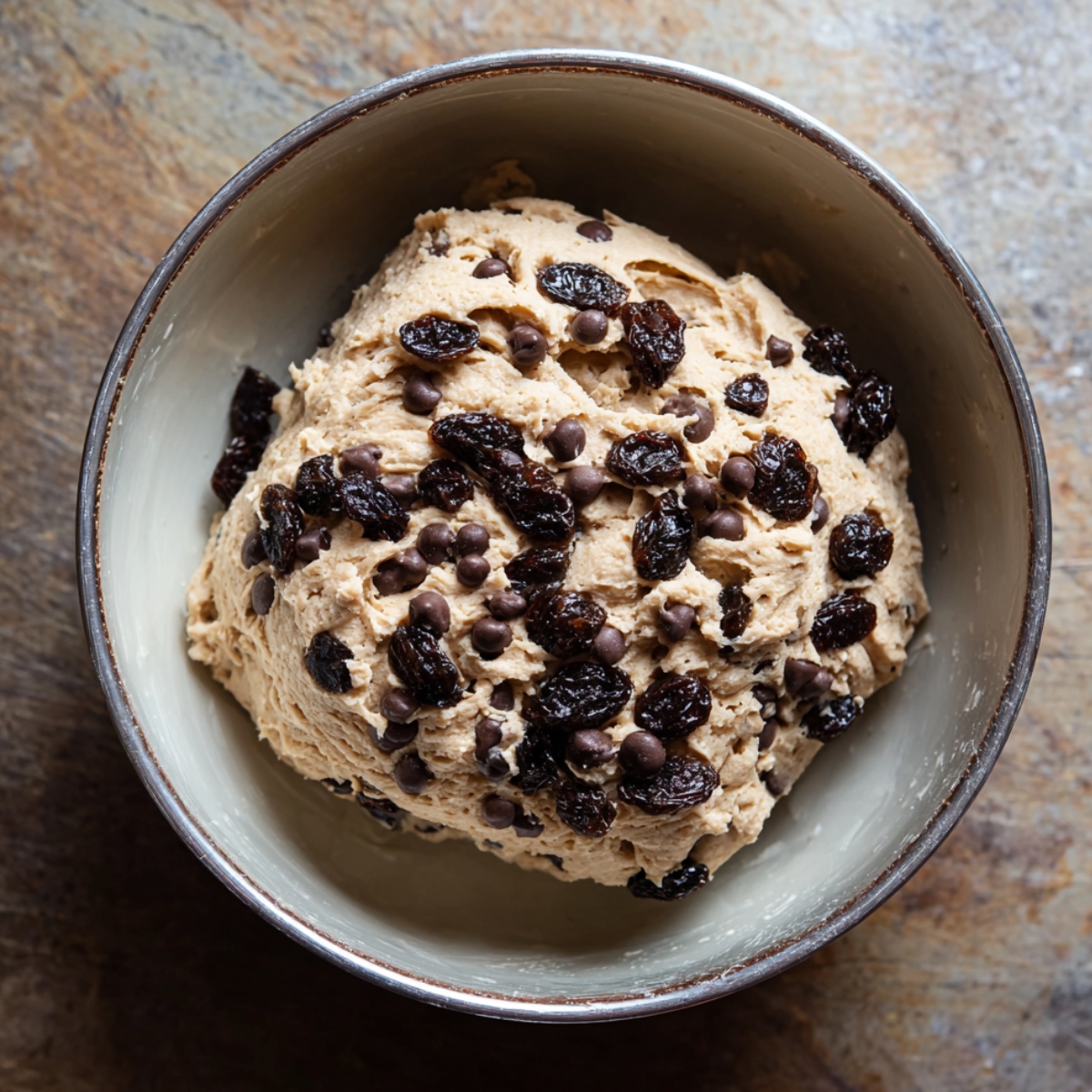 Easy Vegan Hot Cross Buns Recipe 11 A bowl of dough mixed with chocolate chips and dried cherries, ready for the next step in making vegan hot cross buns.