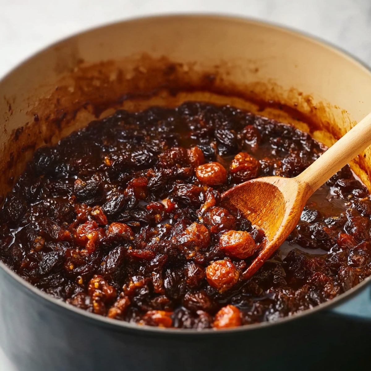 A large pot filled with bubbling mincemeat filling. The mixture contains dried fruits like raisins and cherries, simmering in a rich, dark syrup. A wooden spoon is stirring the filling.