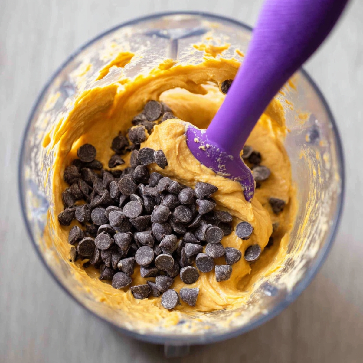 Healthy Cottage Cheese Muffins Recipe 10 A close-up shot of pumpkin batter with dark chocolate chips added, stirred with a purple spatula in a blender.