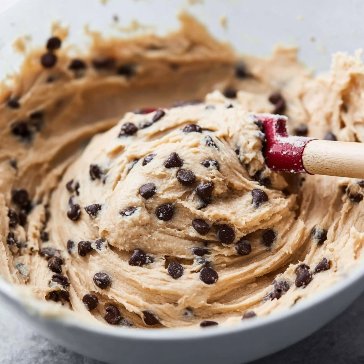 Easy Chocolate Chip Muffins Recipe 10 A bowl of chocolate chip muffin batter with visible chocolate chips mixed in, with a spatula in the batter.