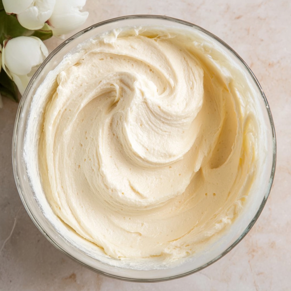 Easy Homemade Salted Caramel Cake 11 A glass bowl filled with fluffy, creamy vanilla buttercream frosting, perfectly whipped and ready to spread on cakes or cupcakes.