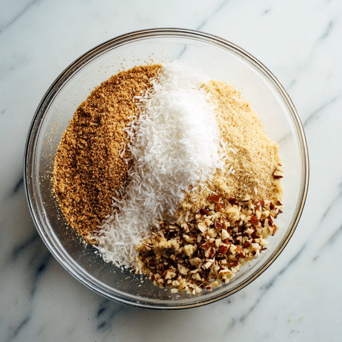 Easy Southern Kentucky Sawdust Pie Recipe 10 A glass mixing bowl containing shredded coconut, graham cracker crumbs, and chopped pecans on a marble surface.