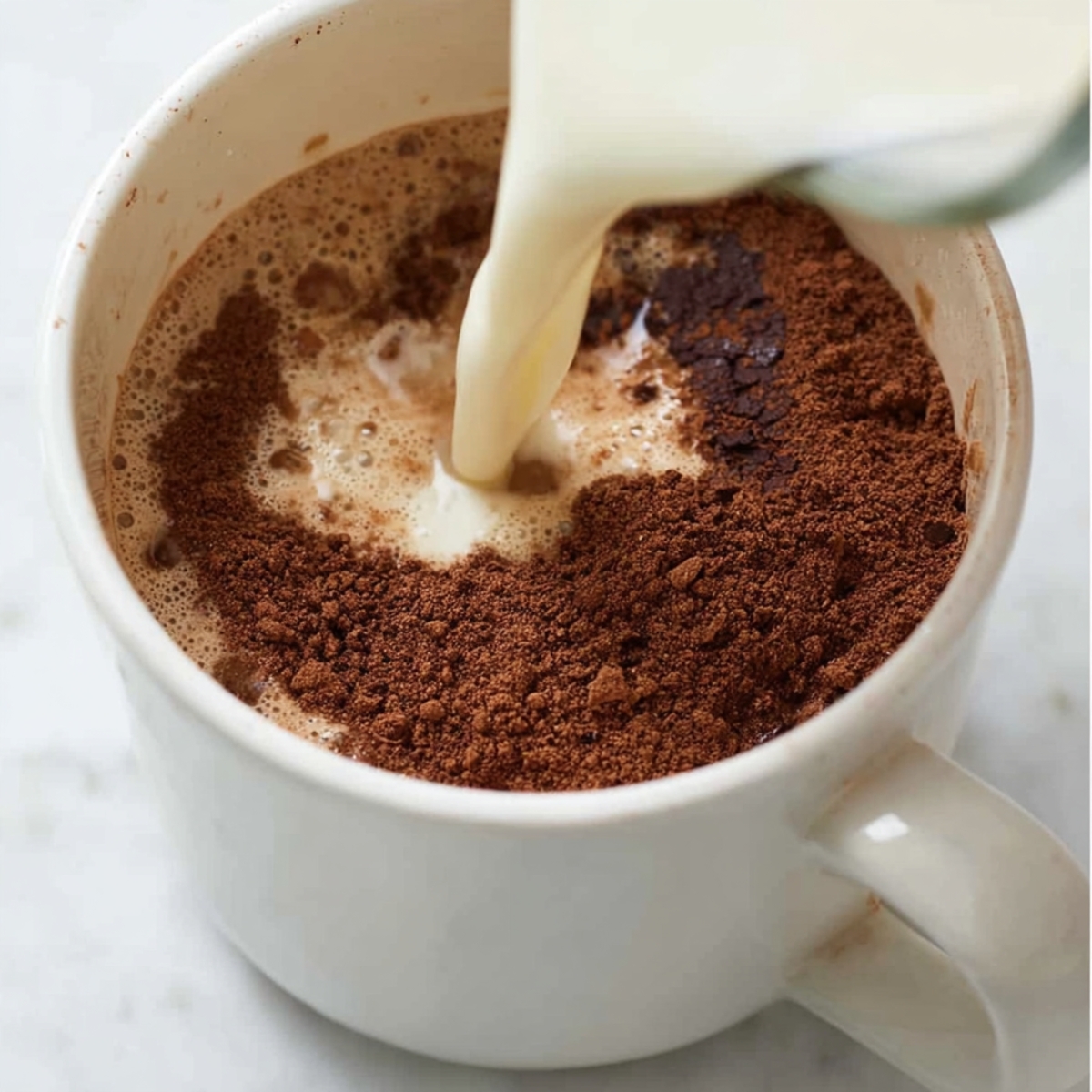 Easy Brownie in a Mug Recipe 11 Milk being poured into a white mug filled with cocoa powder, creating a swirling effect in the cup.