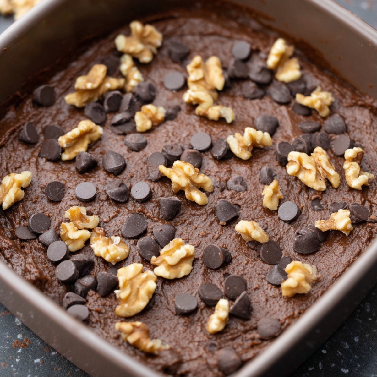 Best Chickpea Brownies Recipe with 3 Ingredients 11 A close-up shot of freshly baked brownies topped with chocolate chips and walnut pieces.
