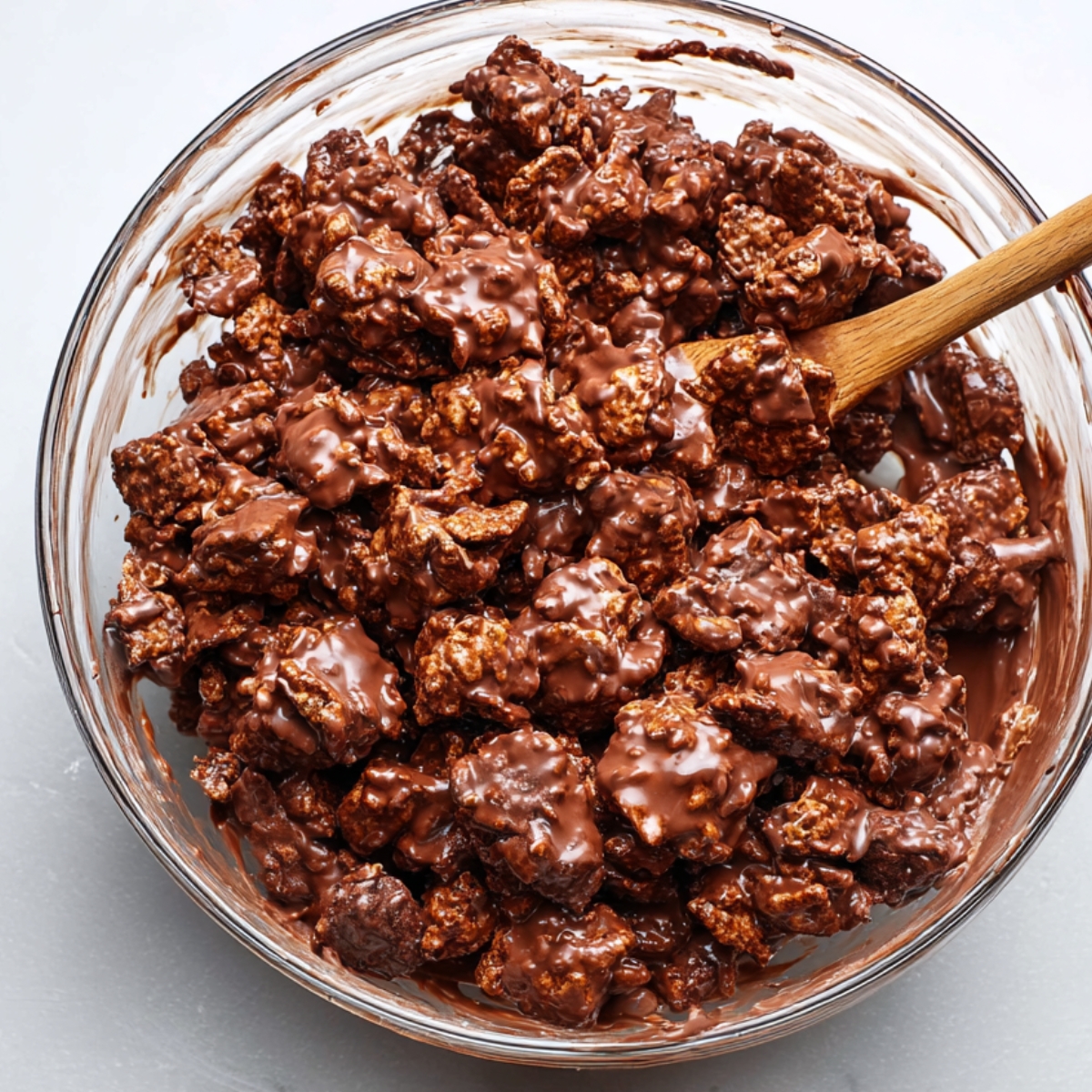 Easy Muddy Buddy Bars Recipe 11 A bowl filled with a rich chocolate mixture coated over crunchy cereal pieces, stirred with a wooden spoon, ready to be set into bars.