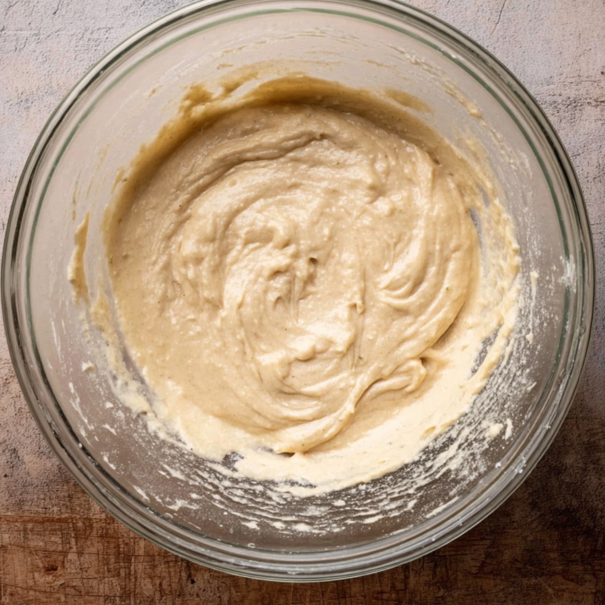 The Best Coconut Biscuits Recipe 10 A smooth and well-mixed dough or batter in a glass bowl, showing a creamy consistency, ready to be shaped into biscuits or cookies.