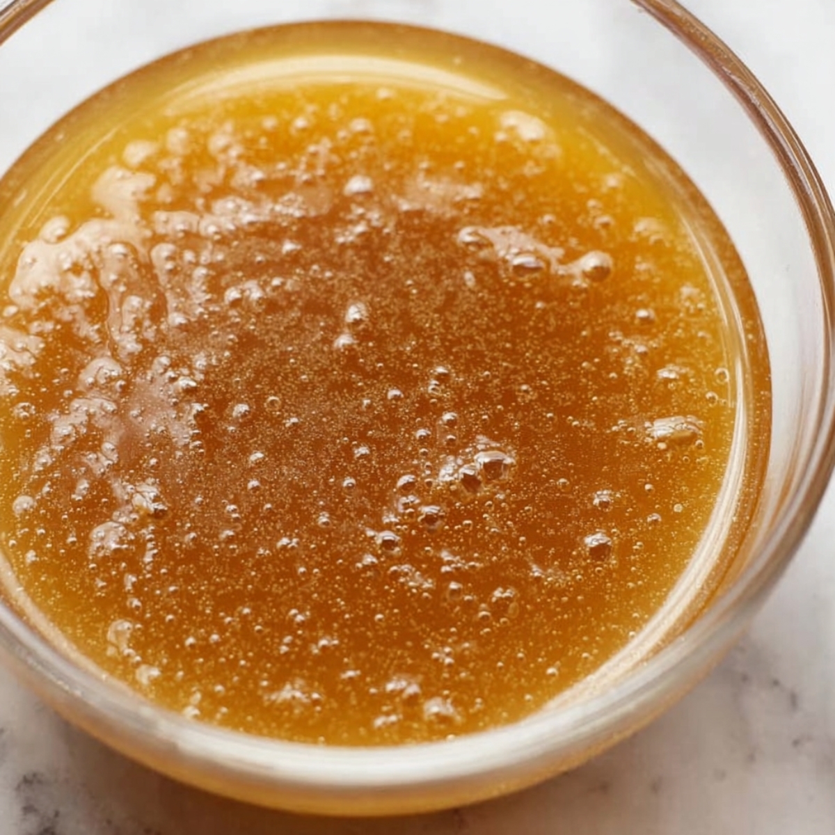 Fudgy Biscoff Brownies Recipe 10 A bowl of golden caramel syrup, smooth and bubbling lightly on the surface, ready to be used as a topping or in a recipe.