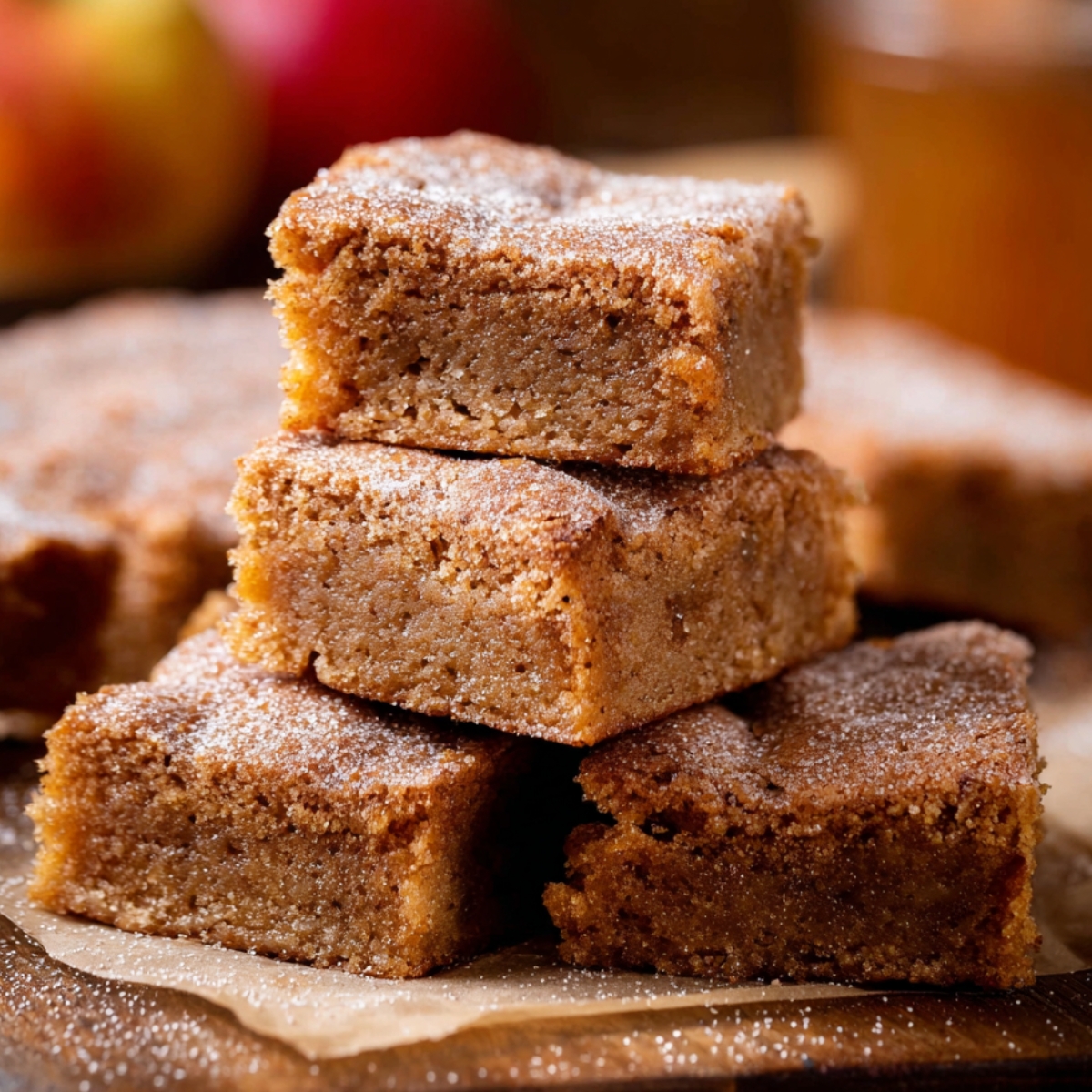 A stack of freshly baked Apple Cider Blondies, dusted with sugar, with a golden-brown color and a soft, crumbly texture.