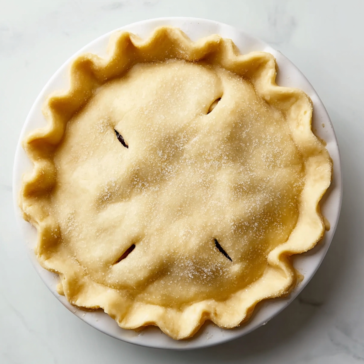 An unbaked mincemeat pie with a decorative crimped edge. The top crust is sprinkled with sugar, and slits are cut in a star-like pattern to allow steam to escape while baking.