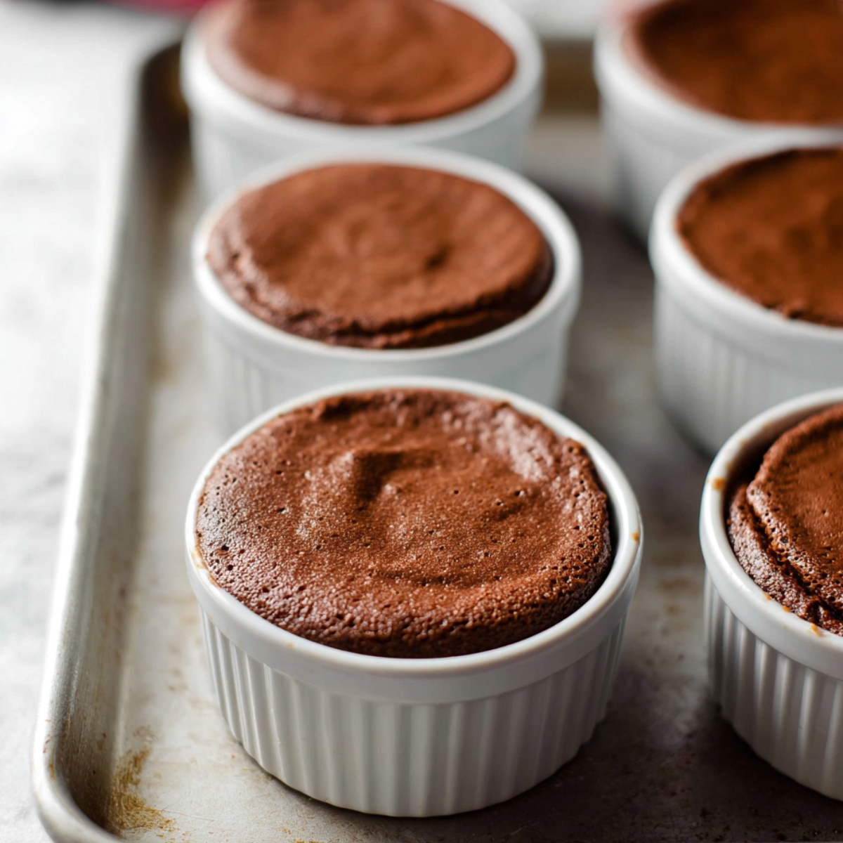 The Best Chocolate Soufflé Recipe 11 Chocolate souffles rising perfectly in white ramekins, freshly baked and ready to be served.