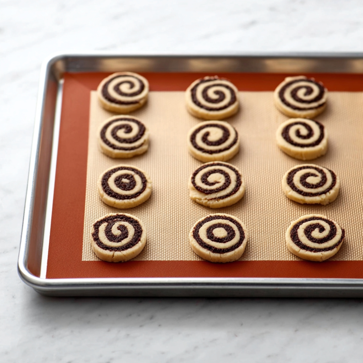 The Best Pinwheel Cookies Recipe 11 A tray of chocolate-vanilla pinwheel cookies arranged neatly on a silicone mat, ready to bake. The cookies are shaped into perfect swirls, with alternating chocolate and vanilla dough.