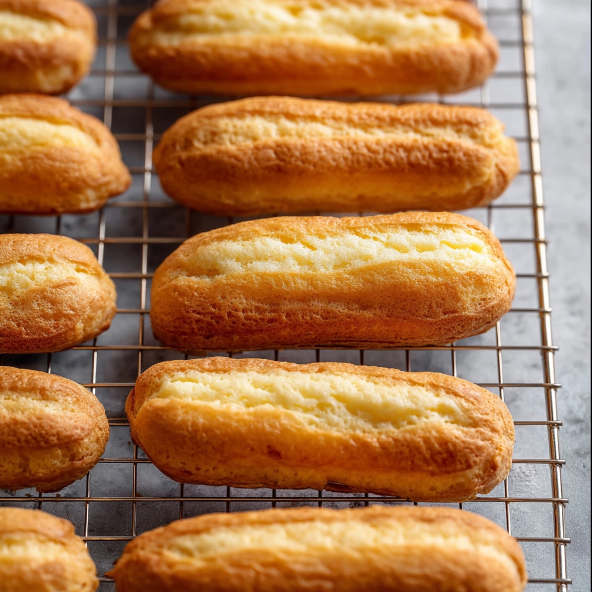 Easy Homemade Eclairs Recipe 10 Baked choux pastry shells cooling on a wire rack, perfect for filling with cream.