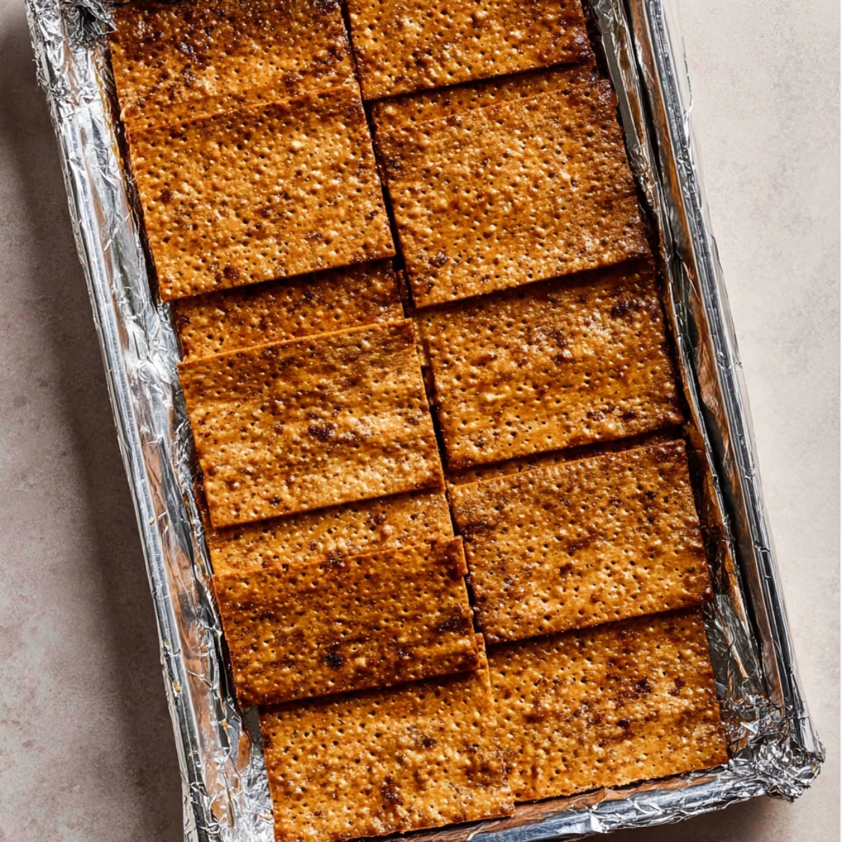 Easy Chocolate Matzo Crack Recipe 10 Baked matzo crackers arranged neatly in a tray, with a slightly crispy golden-brown appearance.