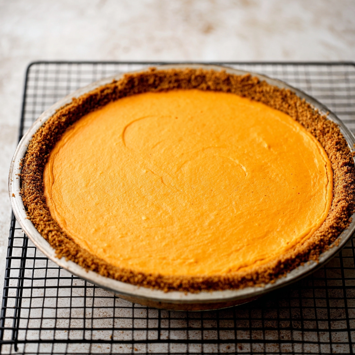 Easy Honey Carrot Pie Recipe 12 A freshly baked honey carrot pie cooling on a wire rack, with a golden graham cracker crust and smooth, vibrant orange filling.