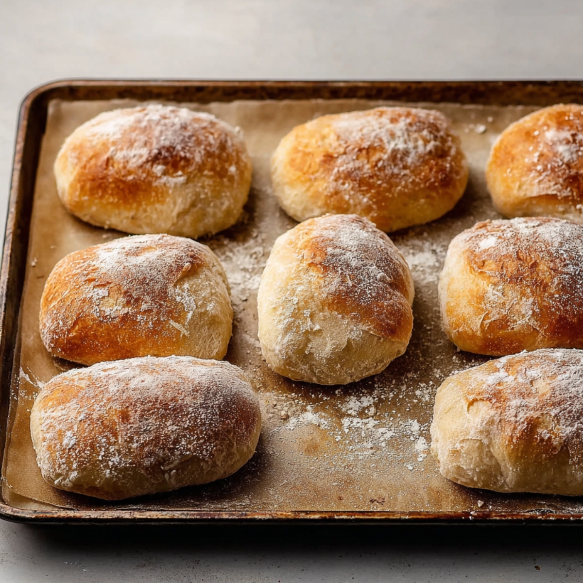 Homemade Ciabatta Bread Recipe 11 Freshly baked ciabatta rolls on a parchment-lined baking sheet, lightly dusted with flour, with a golden, crispy crust.