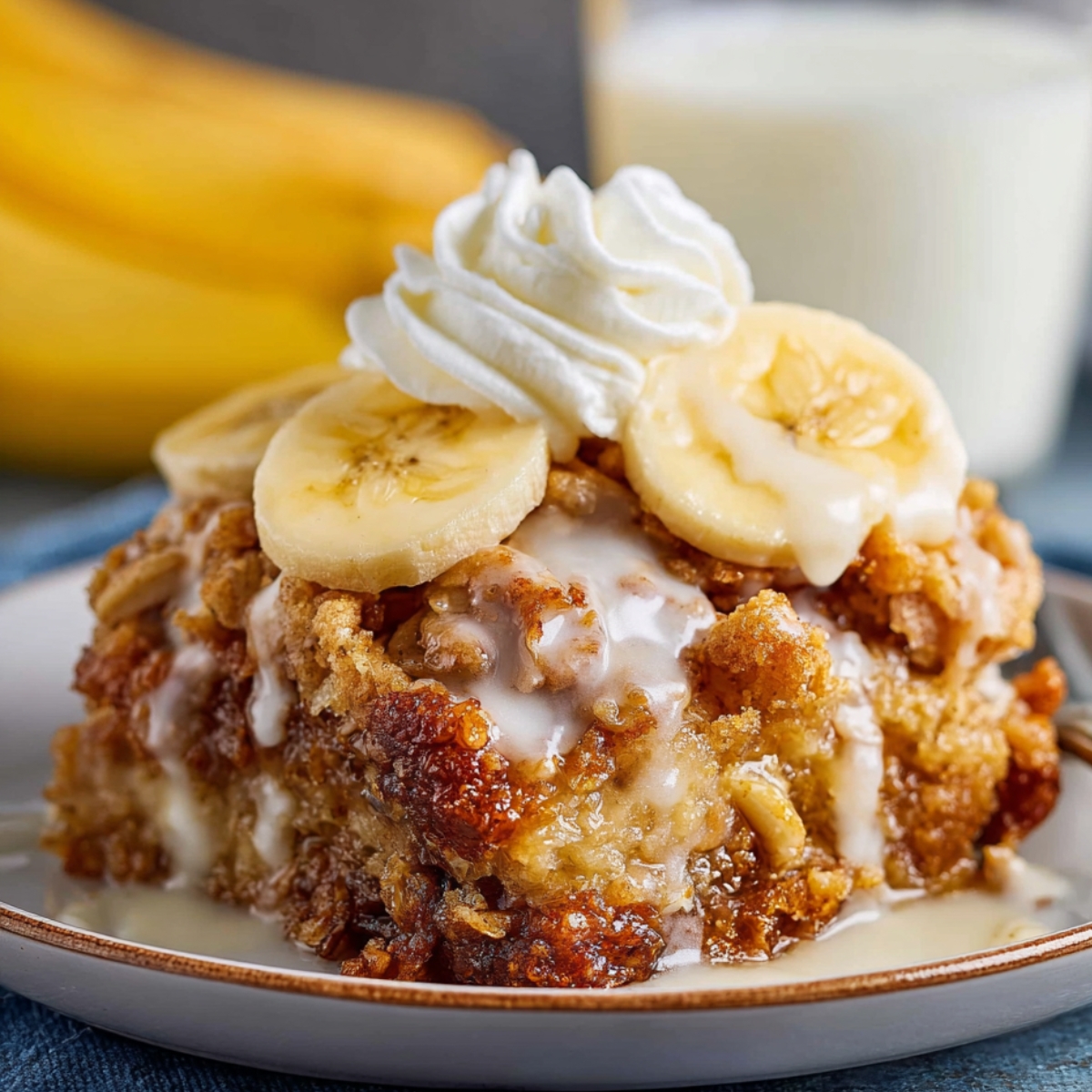 Southern Banana Cobbler Recipe 9 A delicious serving of Banana Cobbler, topped with sliced bananas, whipped cream, and a glaze, with a glass of milk in the background.